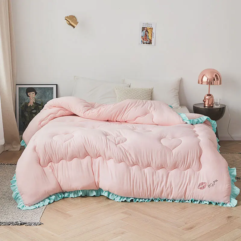 pink green Новое одеяло с оборками, вымытое хлопковое утепленное одеяло, мягкие зимние одеяла 200*230 см, зеленое домашнее постельное белье с сердечками, постельное белье для принцессы - Цвет: pink green