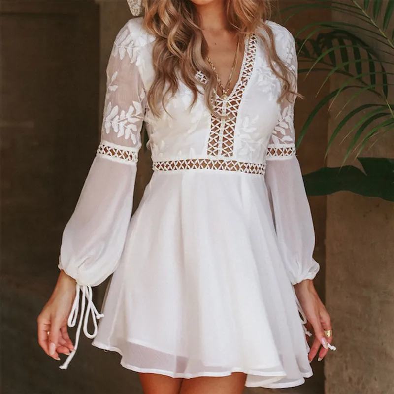 Summer White Lace Dress Women Fashion Casual Sexy V Neck Long Sleeve Trim  Short Mini Dresses Vestido Sundress|Dresses| - AliExpress