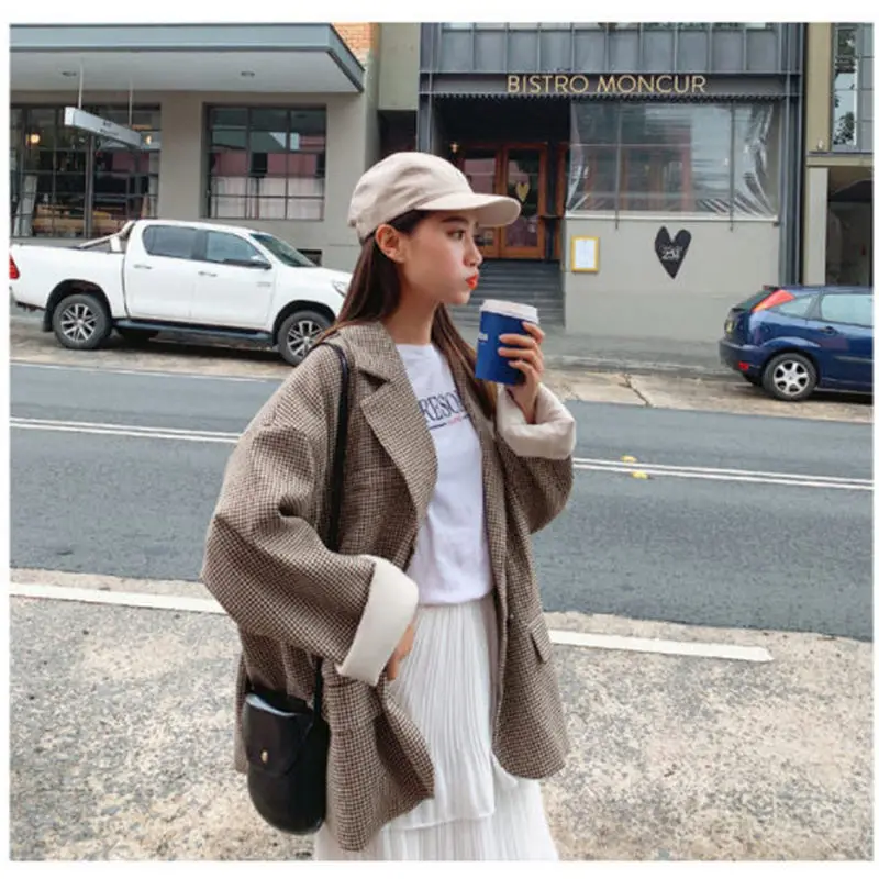 Plaid Suit Jacket Female British Style Fashion Autumn New Casual Korean Coffee Gray Loose Blazer Feminino Outerwear f1504