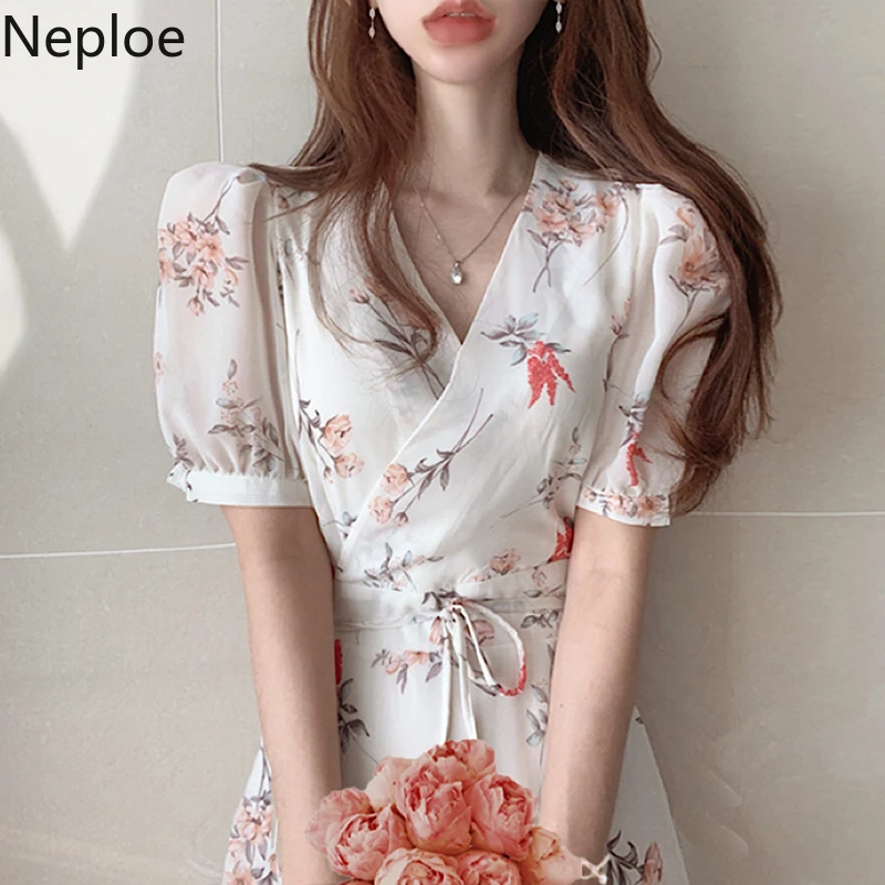 Neploe Flower Lace Up Print Dress Women Summer 2020 Elegant V Neck Puff Sleeve Ladies Vestido Fashion Slim Waist Chiffon Dresses | Женская