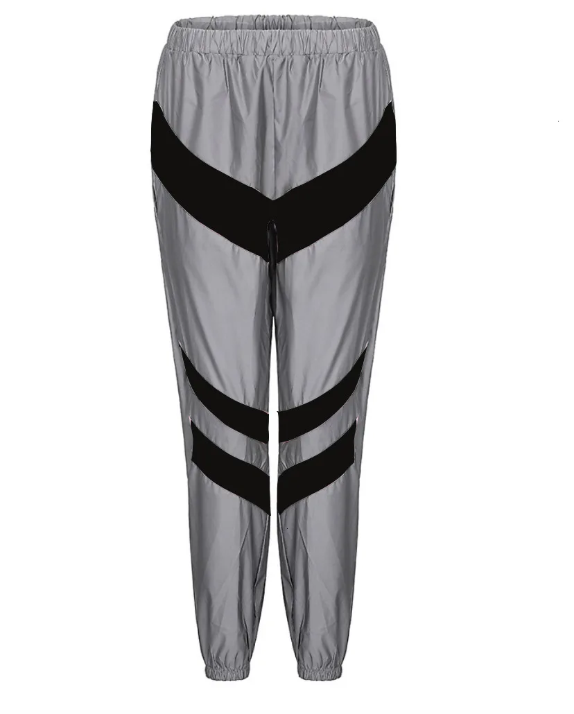 black pants Женский спортивный костюм, комплект из 2 предметов, светоотражающий укороченный топ на молнии, штаны, ветровка, модная женская Свободная светящаяся куртка, пальто, брюки размера плюс - Цвет: black pants