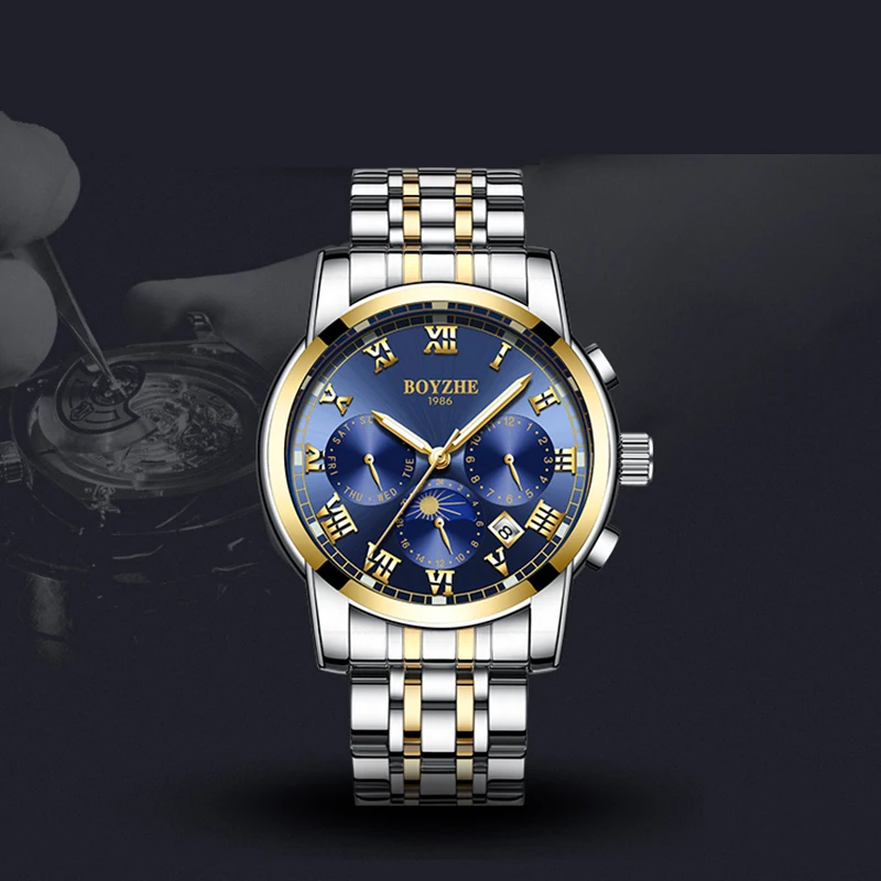 

BOYZHE, Multi-function Men's Automatic Watch, Steel Fashion Waterproof Luminous Business Mechanical Watch, Luxury Men's Watch