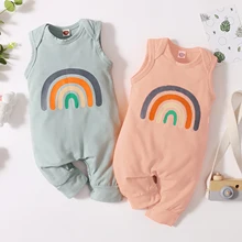 

OPPERIAYA Infant Sleeveless Jumpsuit with Rainbow Pattern Print Loose Fit Ribbed Closure Romper Summer Casual Clothing