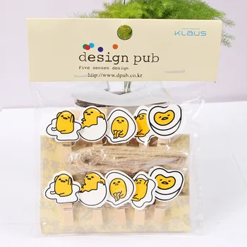 

10 pcs/pack Cute Novelty Gudetama Lazy Egg Hemp Rope Egg Style Wooden Clip Photo Paper Craft DIY Clips with Hemp Rope