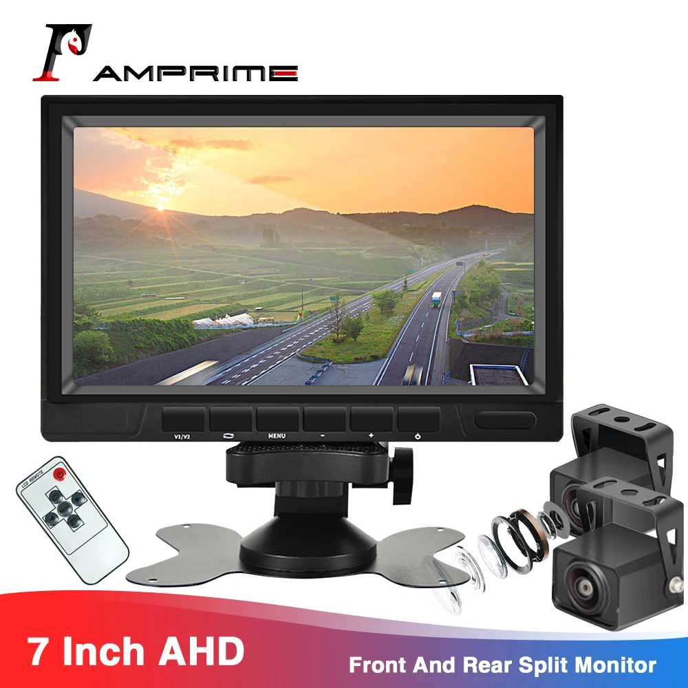 

AMPrime 7'' 2 Way Video Input HD Backup Camera System Split Screen Monitor For Truck Trailer RV Camper Bus Support Night Vision