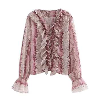 

Women retro snake print blouse ruffles V neck flare sleeve chic female shirt blusas femininas