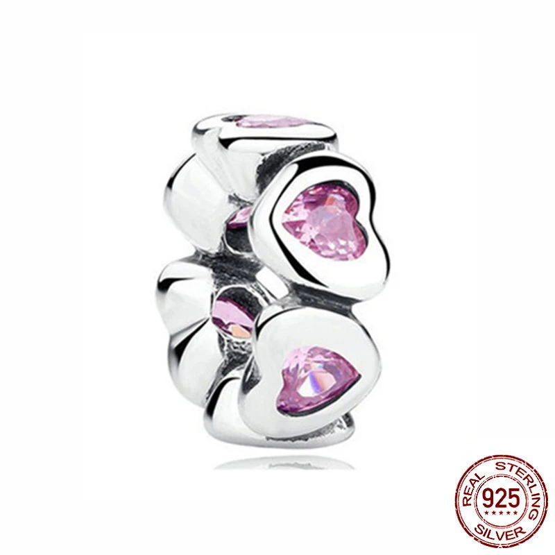 

New 925 Sterling Silver Shine Pink Heart CZ Zircon Beads Fit Original Charms Pandora Bracelet Bead Jewelry making