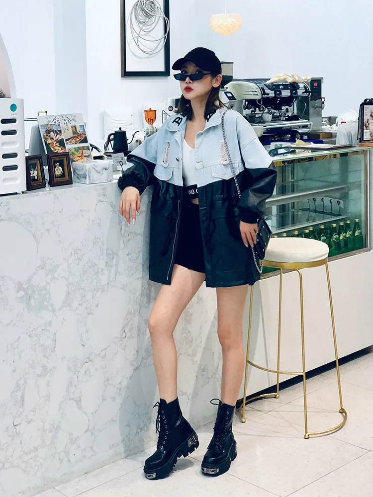 Bonjean из искусственной кожи пальто пэчворк верхняя одежда на осень куртка с вышивкой для Для женщин джинсовые пальто пэчворк и куртки BJ1787