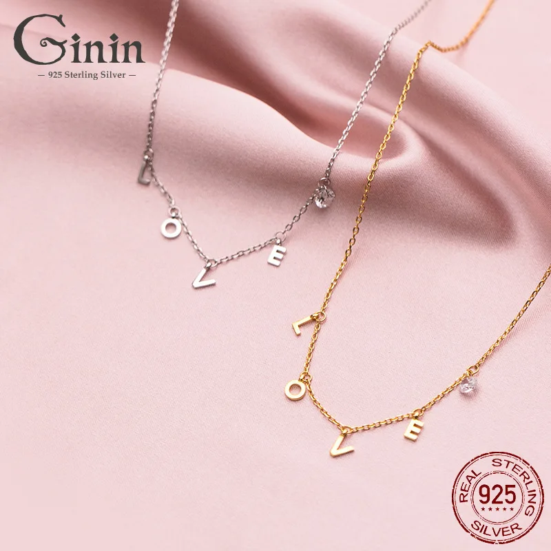 

Ginin 925 Sterling Silver Korean Simple Temperamental LOVE Letter Necklace Women's Fashion Cool Single Crystal Collar Necklace