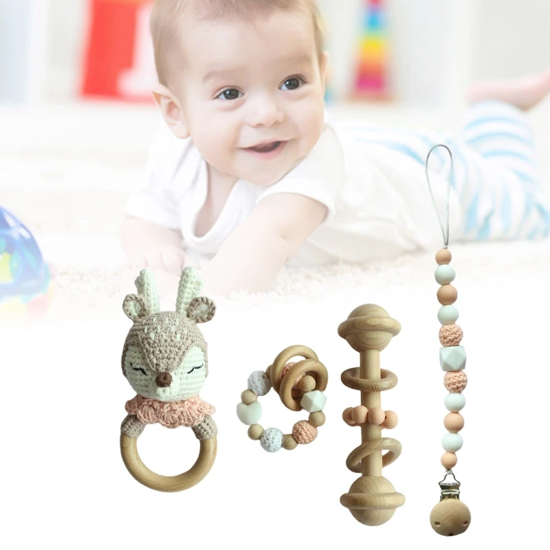 

Baby Pacifier Clip Chain Teething Bracelet Crochet Elk Soother Rattle Teether R2JF