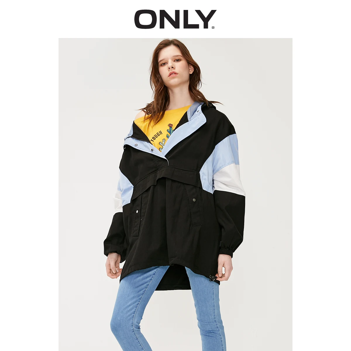 low cost ONLY Autumn Winter Women's Loose Fit Contrasting Splice Hooded Denim Jacket 119154511