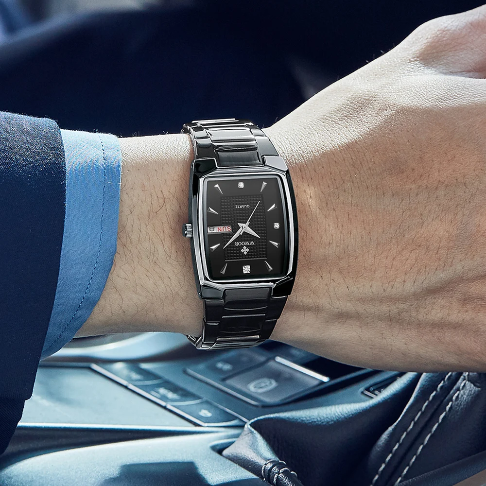 WWOOR Luxury Man Wristwatch Business Stainless Steel Quartz Men Watch Waterproof Date Square Fashion Men's Watches Clock Gifts