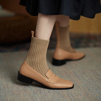 

Hot Sale 2020 Women Sock Boots Fashion Stretch Wool Springy Booties Shoes Spring Autumn Leather Shoes Boots for Women