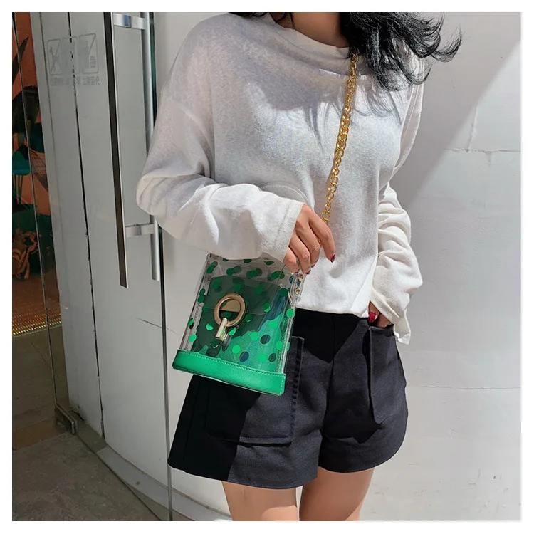 

2019 the new simple transparent wave point bucket bag color world single shoulder slant women's bag
