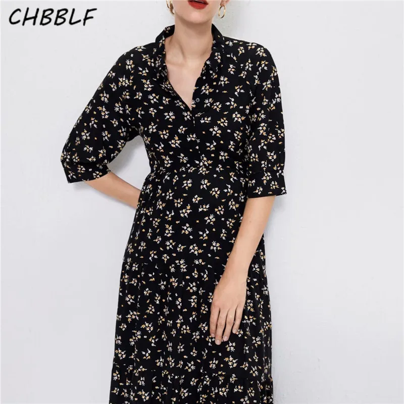 Женское плиссированное платье миди CHBBLF Повседневное с отложным воротником и