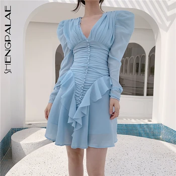 

SHENGPALA Summer Patchwork Ruffle Dress For Women V Neck Puff Sleeve High Waist Dresses Female 2020 New Fashion Clothing ZA4076