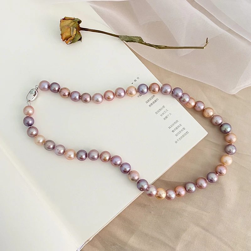 ASHIQI Big Natural Freshwater Pearl Necklace 925 Sterling Silver Mixed color Jewelry for Women 2021New Wedding Gift