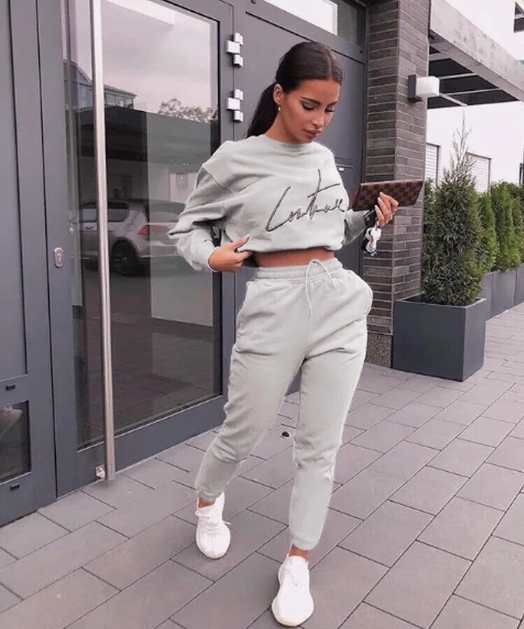 Letter Print Sportswear 2 Piece Set Sweatsuit for Women Round Neck Long Sleeve Crop T Shirts and Straight Pants Matching Set