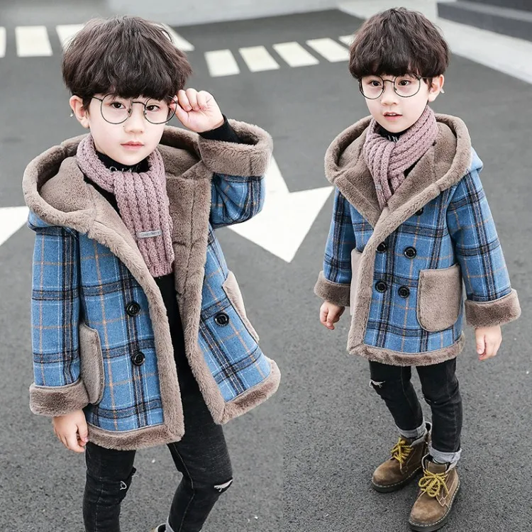 Korean Boy Winter Coat England Grid Hooded Children's Outerwear Kids Wool Coats 10 Years Old Jacket For Boy Thick Kids Cardigan