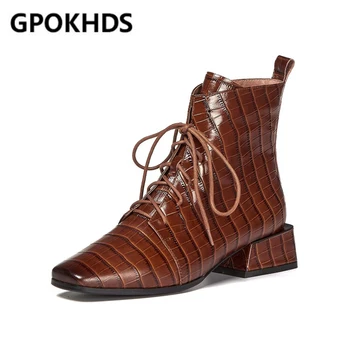 

GPOKHDS 2021 women ankle boots Cow leather zipper Checkered winter short plush square toe high heels female boots size 42
