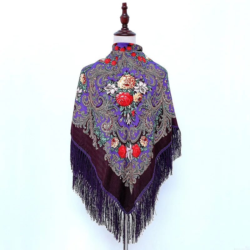 Russian Style Women Autumn Winter Warm Shawl Ethnic Printed Square Scarf Ukraine Spain Oversized Fringed Scarves Muslim Hijab