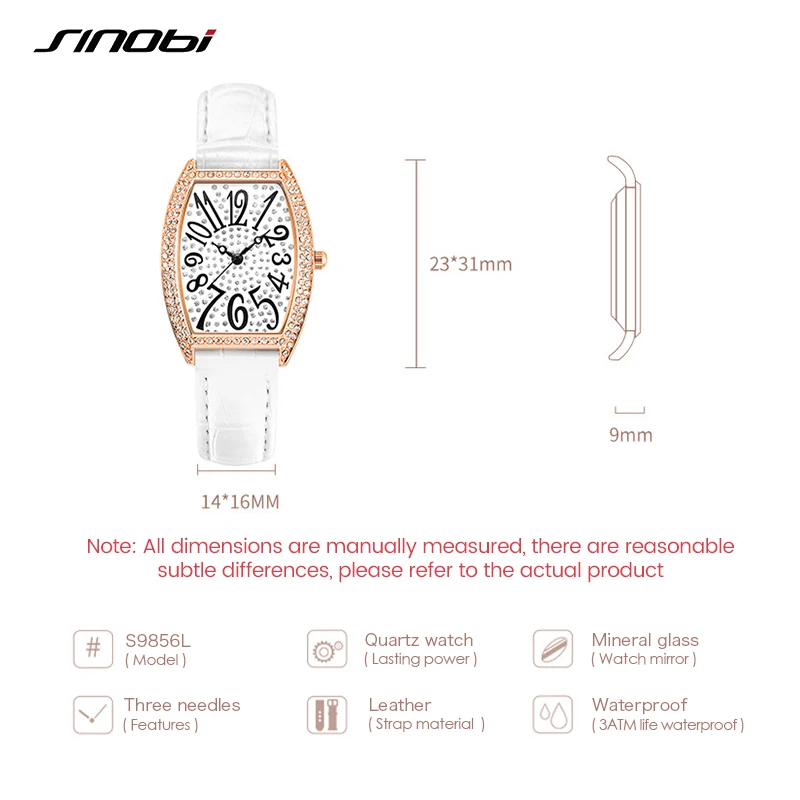 SINOBI Fashion Diamond Woman Watches White Strap Women Watches New Design Elegant Quartz Wristwatches Ladies Luxury Clock Gift