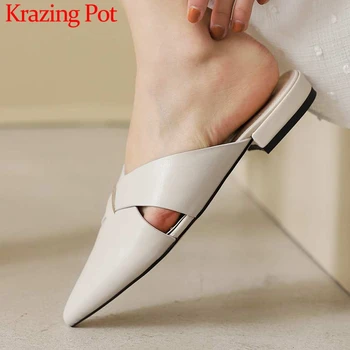 

Krazing pot simple wild genuine leather outside slipper pointed toe low heel slip on mules beauty lady casual shoes women L5f3