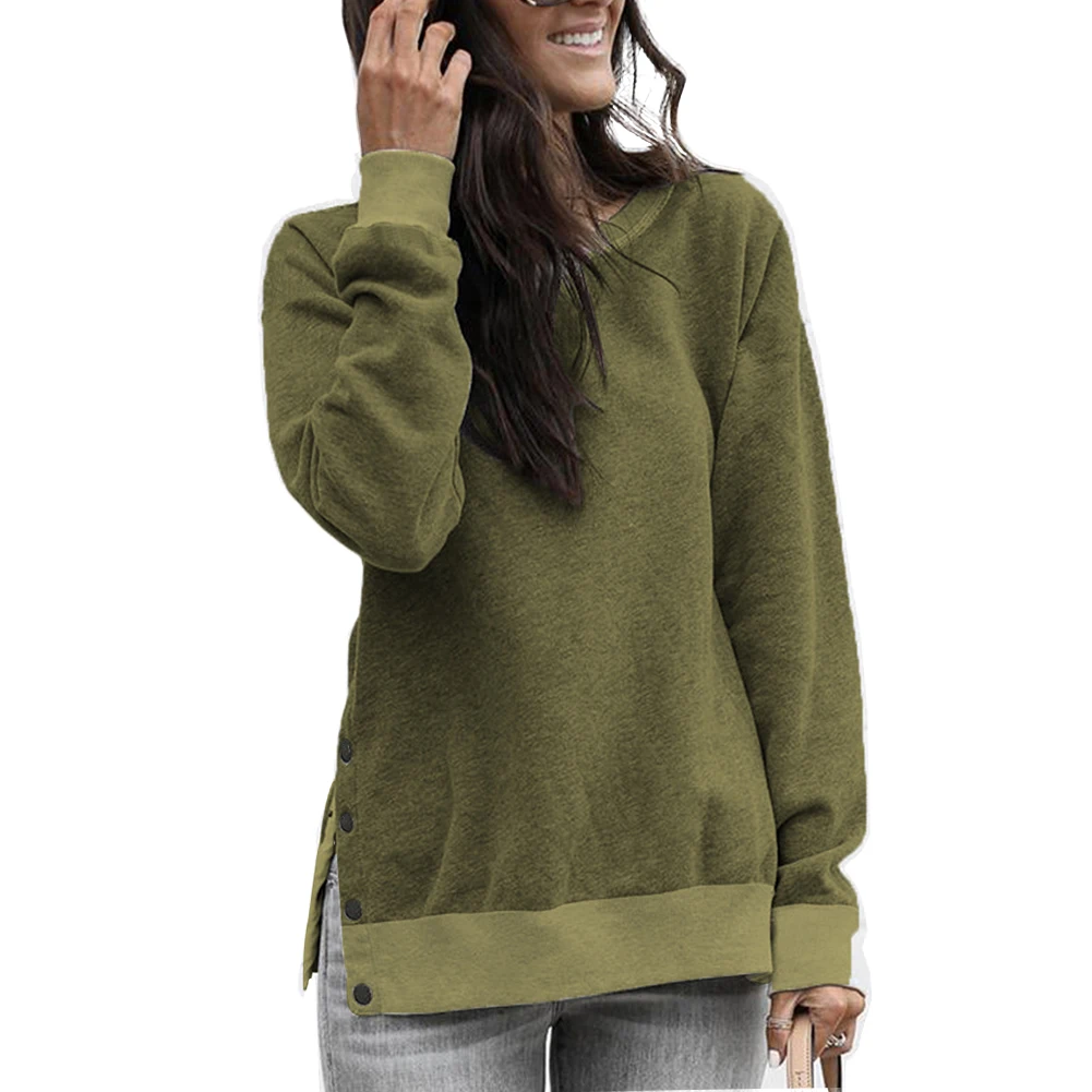 

Hoodie Blouse Solid Tunics Long Sleeve Autumn Winter Warm Casual Ladies Round Neck Side Slit Elegant Women Sweatshirt Pullover