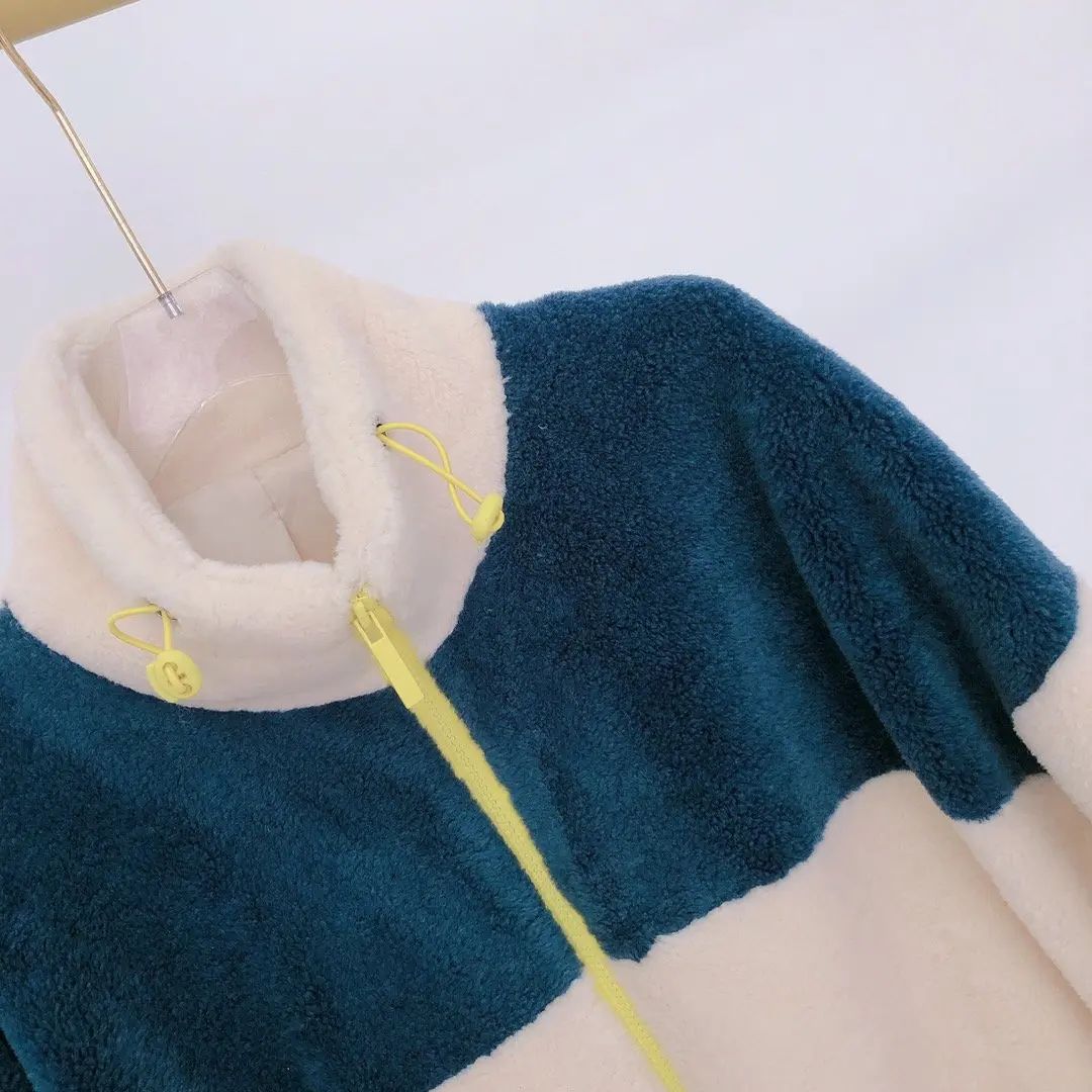 new ladies high quality fashion long sleeve stand collar color drawstring zipper particle wool coat 1023