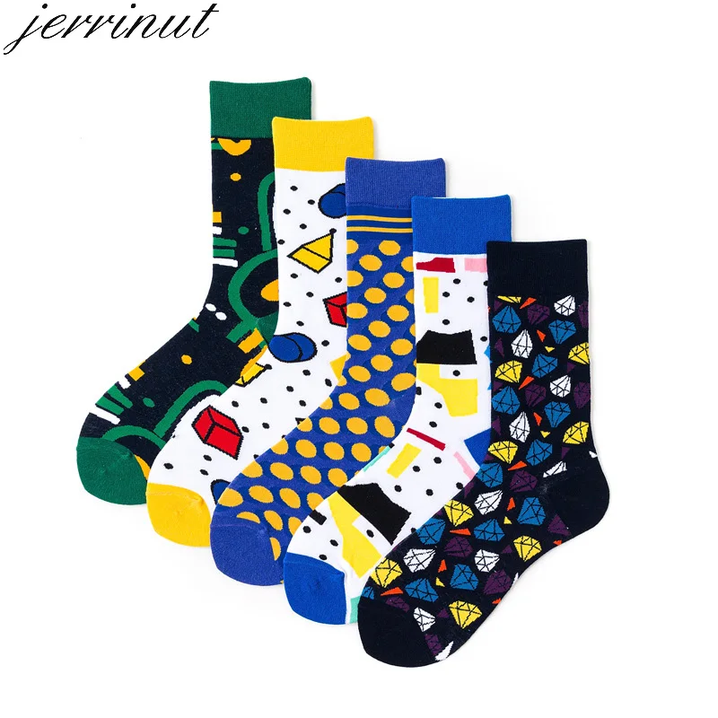 Jerrinut высокое качество осень-зима унисекс Повседневное парные носки красочные чесаный хлопок головоломки с геометрическим принтом носки со смешным рисунком