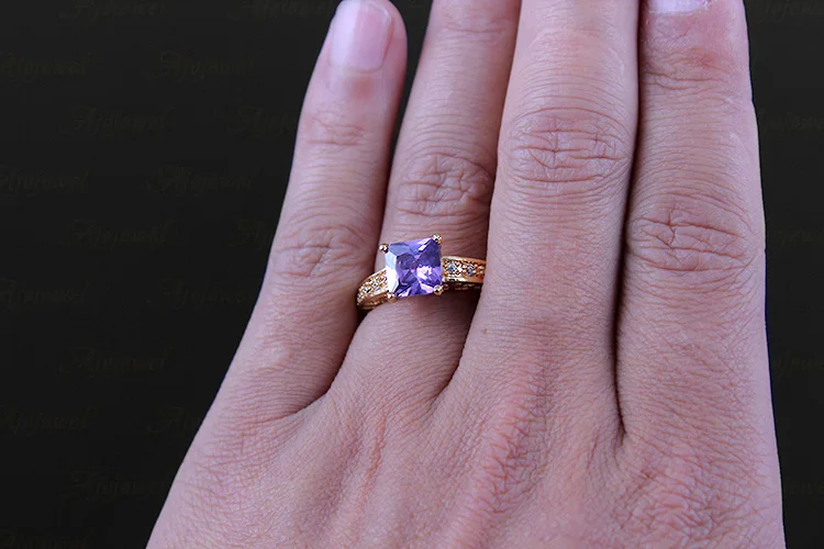 Ajojewel Square Purple Cubic Zircon Wedding Rings For Women Size 8 Crystal Golden Ring Anel Bague Bijoux