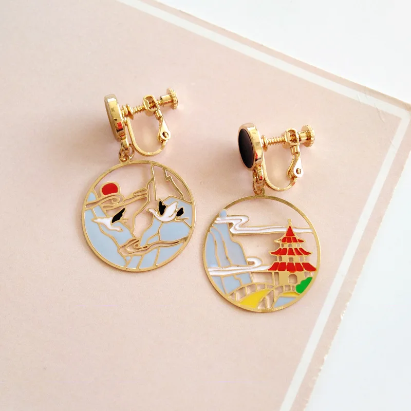 Japanese Heng Feng Clip On Earrings Asymmetrical Rabbit Crane Mountain Clip on Earrings Without Piercing for Girls Women