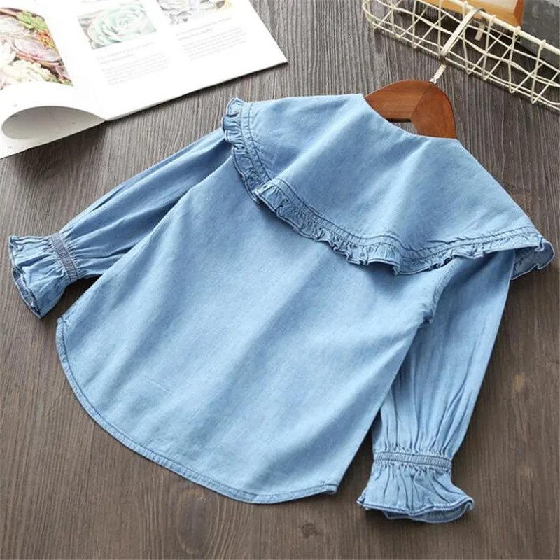 Weoneit Girls Blouse Spring Autumn Turn-down Collar Baby Girls Blue Tops Shirts Kids Clothes for Girls Denim Blouses