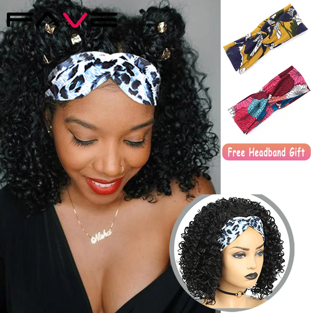 FAVE-peluca con diadema Afro para mujer afroamericana, Media bufanda sintética rizada, turbante, fibra negra resistente al calor
