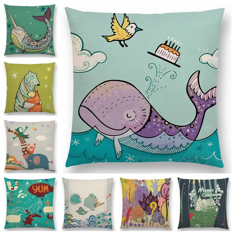 

Cute Cartoon Animals Bear Rabbit Dog Whale Elephant Fox Cat Panda Happiness Friendship Cushion Cover Decorative Pillow Case