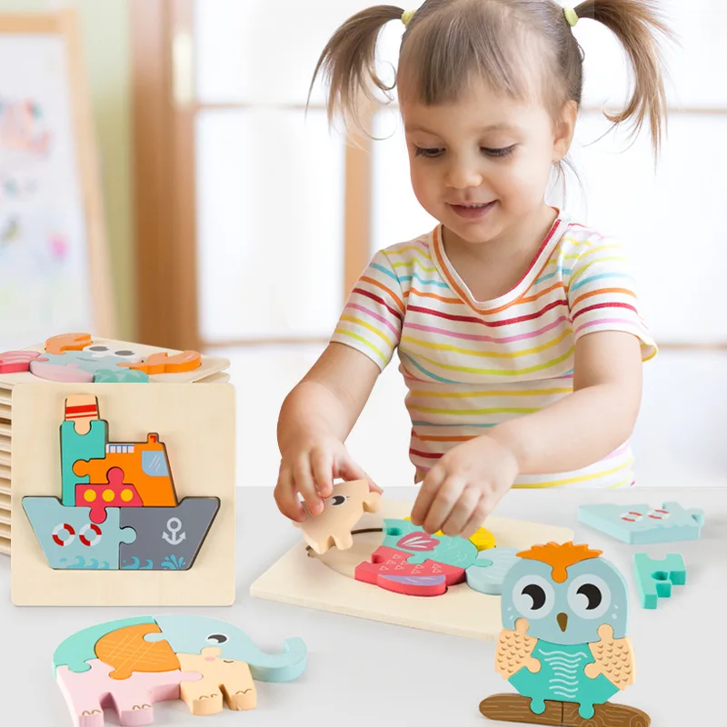 

Cartoon Animals Frog Elephant Fish Kids Puzzle Toys Vehicle Police Cars Wooden 3D Puzzles Jigsaw Baby Educational Learning Toys