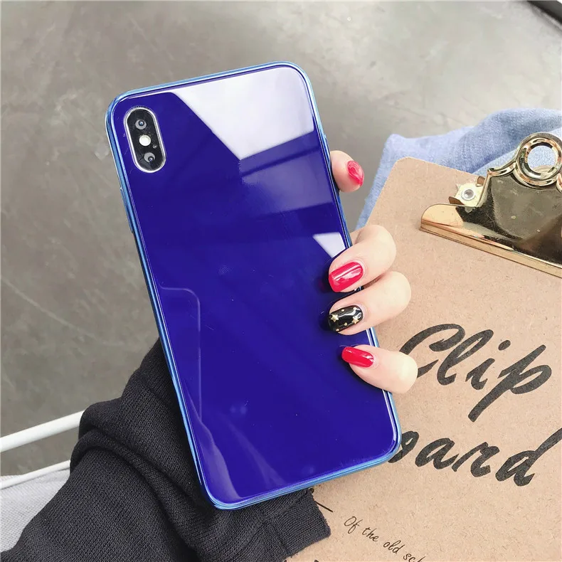 Роскошный чехол из закаленного стекла для iPhone 11 pro max 7 8 Plus 6s plus чехол силиконовый зеркальный чехол для Capinha iPhone XS Max XR coque - Цвет: Синий