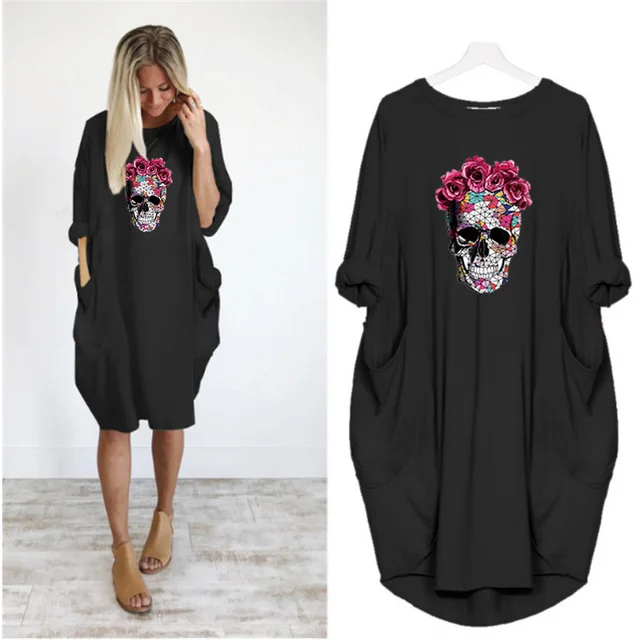 Plus Size 5XL Women's Dress Skull Print Long Sleeve O Collar Pocket Loose Casual Female Dresses Vintage Vestidos Robes Femme 2