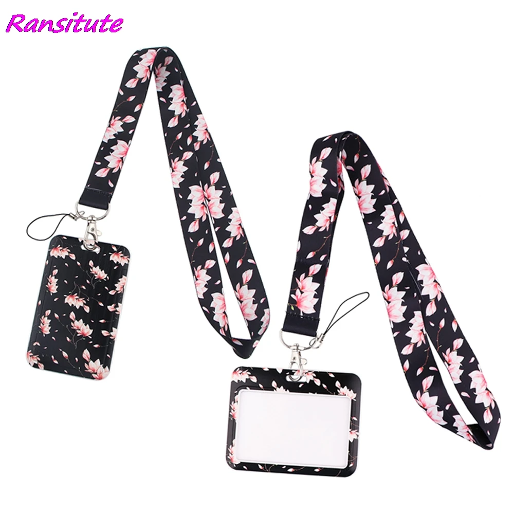 Ransitute R1547 Cherry Blossoms Fashion Lanyard ID Card Holder Bus Pass Case Cover Slip Bank Credit Card Holder Strap Cardholder