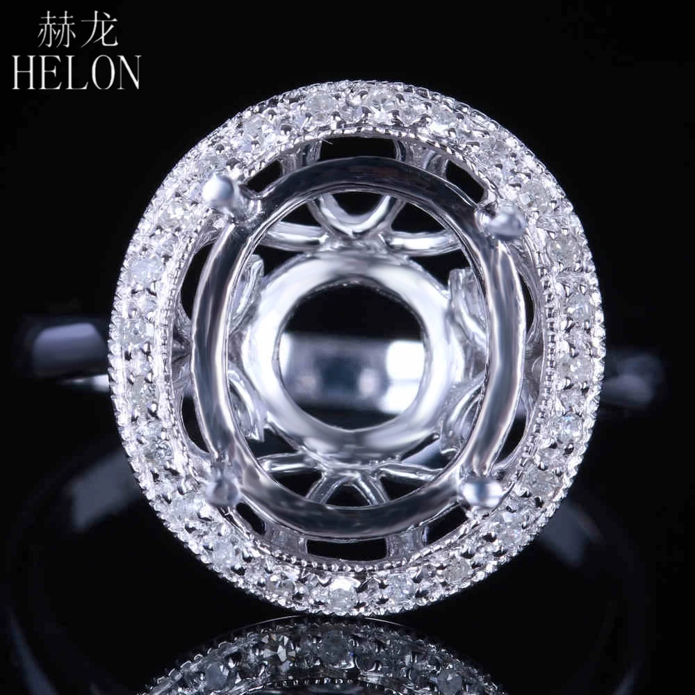 

HELON 12x10mm Oval Cut Solid 14k White Gold Pave Natural Diamond Engagement Wedding Semi Mount Ring Women Fine Jewelry Best Gift