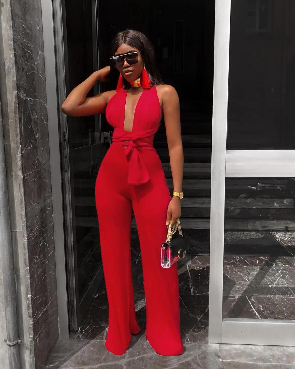 

Echoine Sexy Lace Up Jumpsuit Women V-neck body femme Slim Elegant Wide Leg Romper Bandage Backless Overalls Female outfits