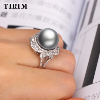 

TIRIM 2019 Sale brand micro paved Cubic zircon Pearl Ring Flounder Jewelry 9-10mm Shell pearl white/gray/Golden pearl Ring