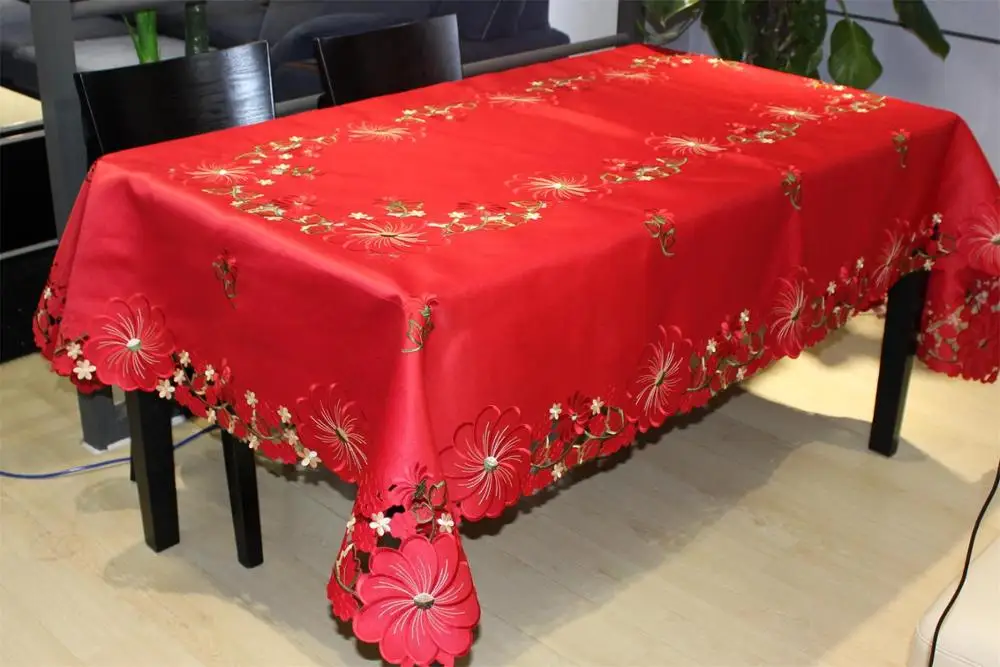 クリスマスポリエステルサテンレッドテーブルクロス、ラウンドテーブル