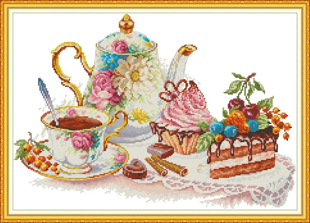 

Afternoon tea cross stitch package cup cakes 18ct 14ct 11ct cloth cotton thread embroidery DIY handmade needlework