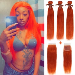 Sleek Straight Bundles With Closure 28 Inch Blonde Orange Human Hair Bundles With Closure Colored Remy Brazilian Hair Extension