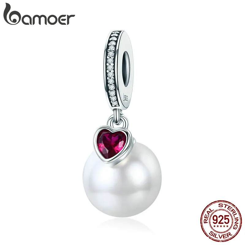 BAMOER Genuine 925 Sterling Silver Elegant Pearl Heart CZ Pendant Charms Fit Bracelets& Necklaces Chain Fine Jewelry SCC782