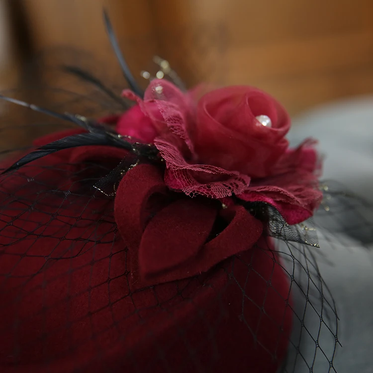New England retro elegant bowknot mesh wool stewardess hat small bowler hat casual berets