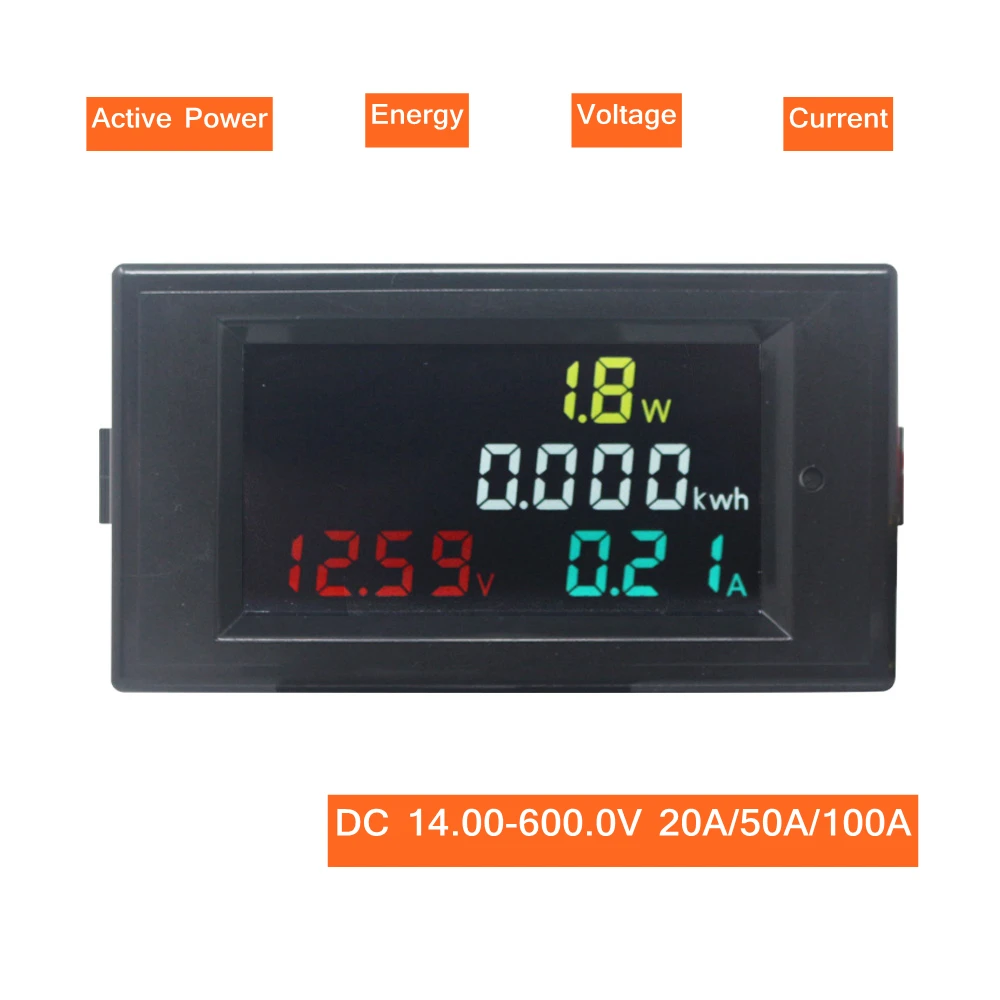 DC Power Energy Meter Monitor Voltmeter Ammeter 4 in 1 DC 14.00-600.0V 20A/50A/100A Volt Amp Watt KWH Monitor