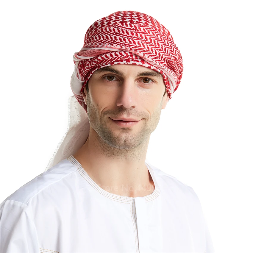 Arabic Saudi Dubai Muslim Man Hat Islamic Printed Plaid Prayer Turban Wool Cotton Muslim Scarf Traditional