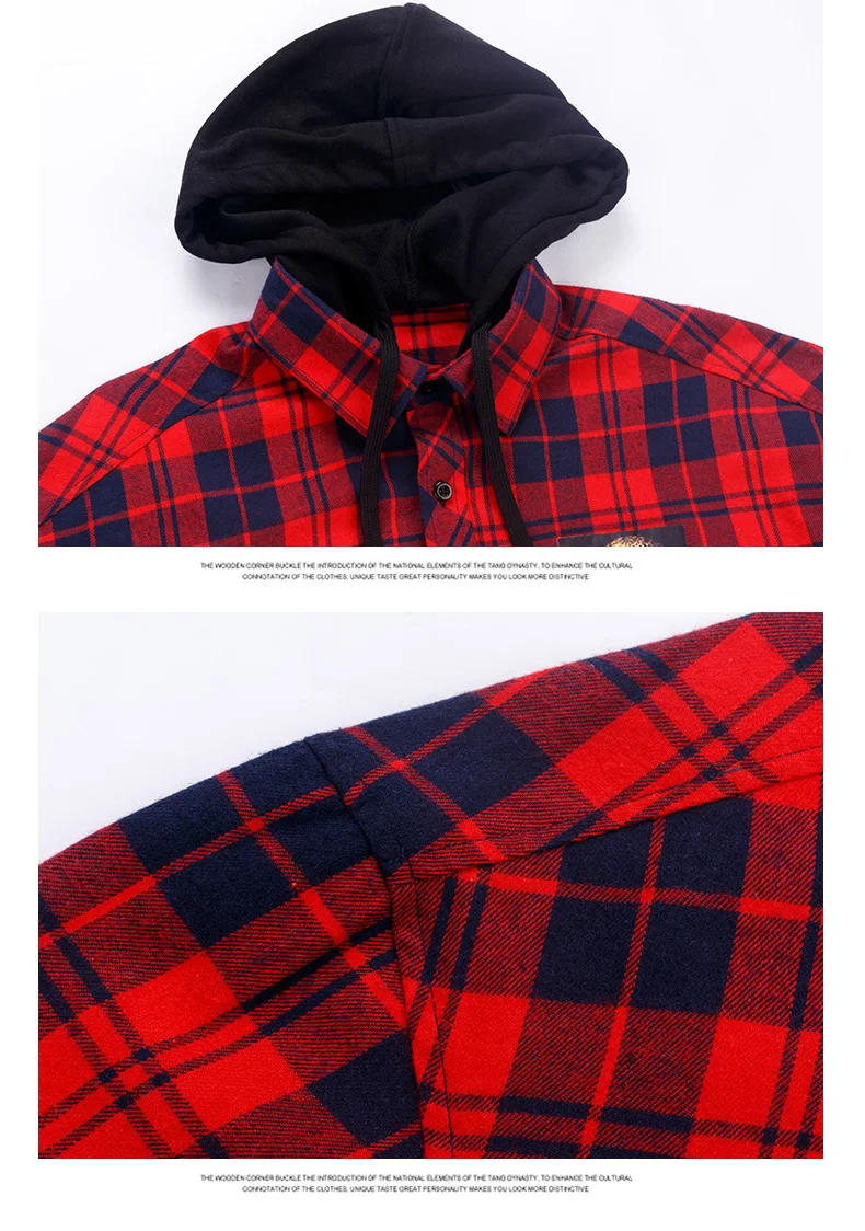 Port&Lotus Men Plaid Shirts With Hat Hoodie Striped Cotton Casual Long Sleeve Shirt Man Spring Autumn Soft Comfort Styles Brand